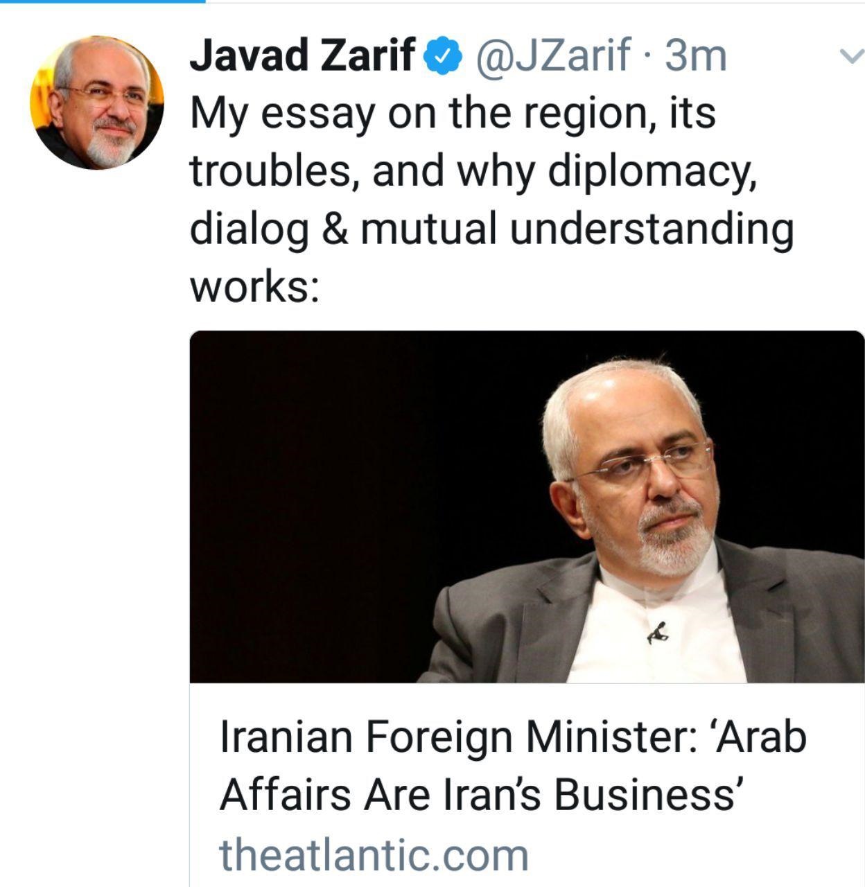 توییت ظریف درباره مقاله‌اش در نشریه آتلانتیک