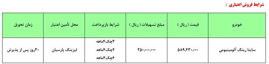 فروش اقساطی ساینا با وام ۲۵ میلیون تومانی+ جزئیات